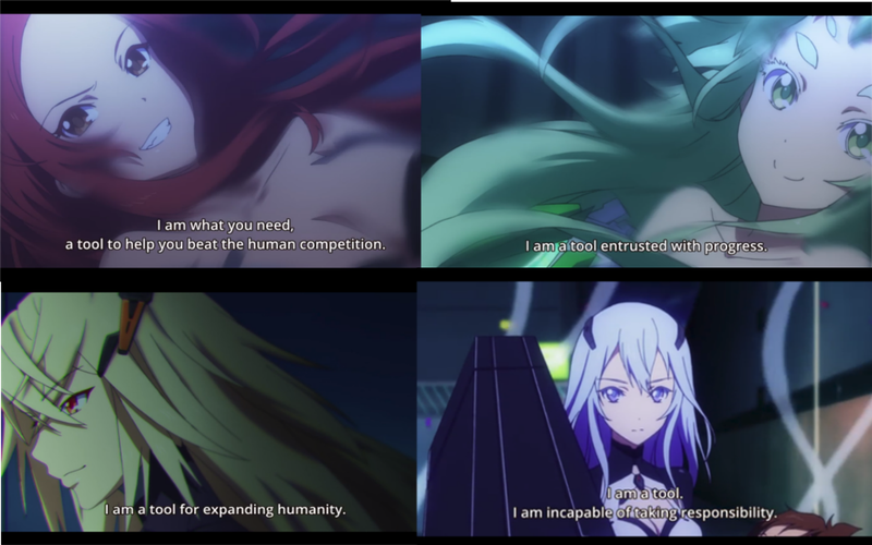 Top left, going clockwise: Kouka, Snowdrop, Lacia, and Methode. Note that Lacia’s screencap was from the first episode, the others are part of the montage in episode 4.